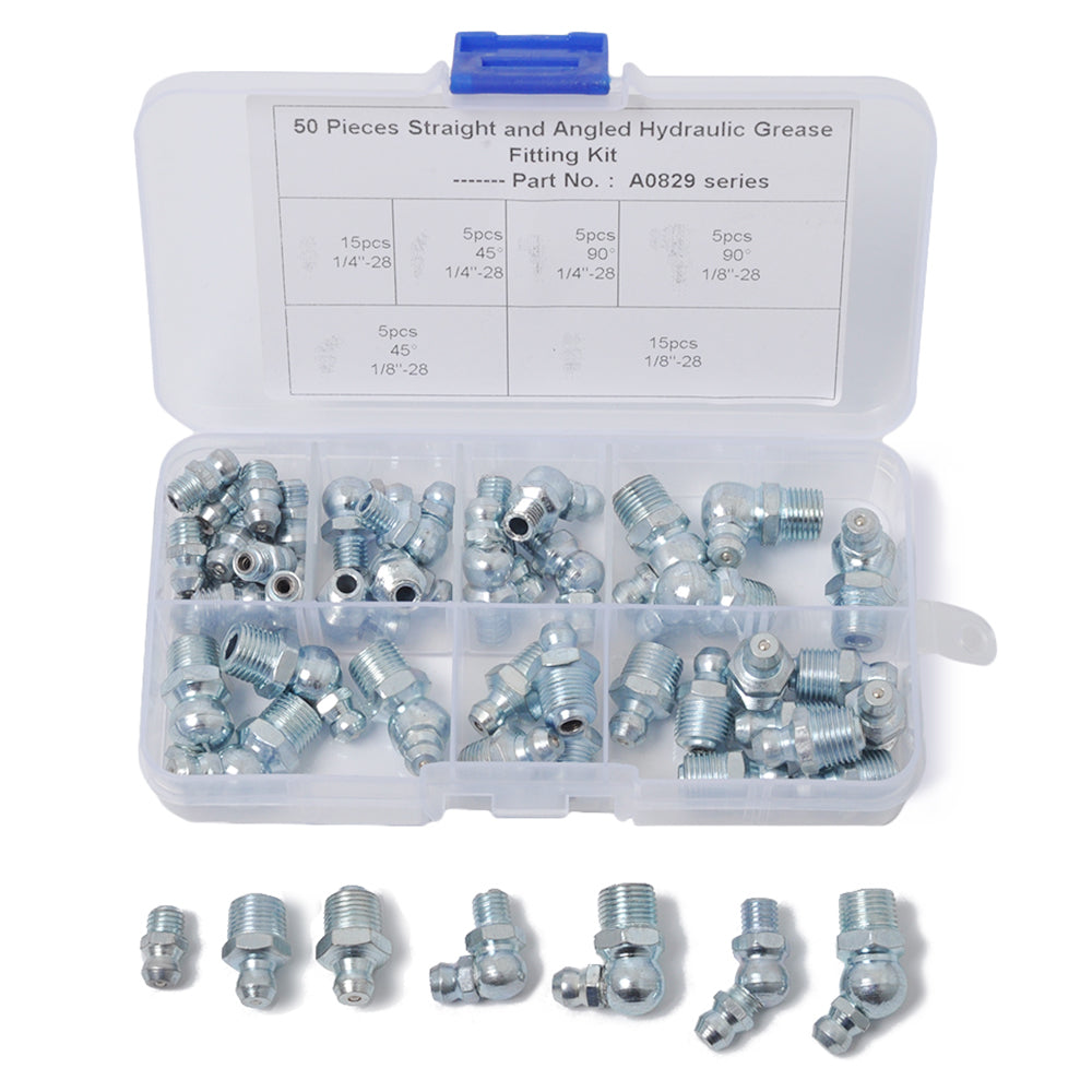 A0829 50Pcs Straight and Angled Hydraulic Grease Fitting Assortment Kit A0829 50Pcs Straight and Angled Hydraulic Grease Fitting Assortment Kit